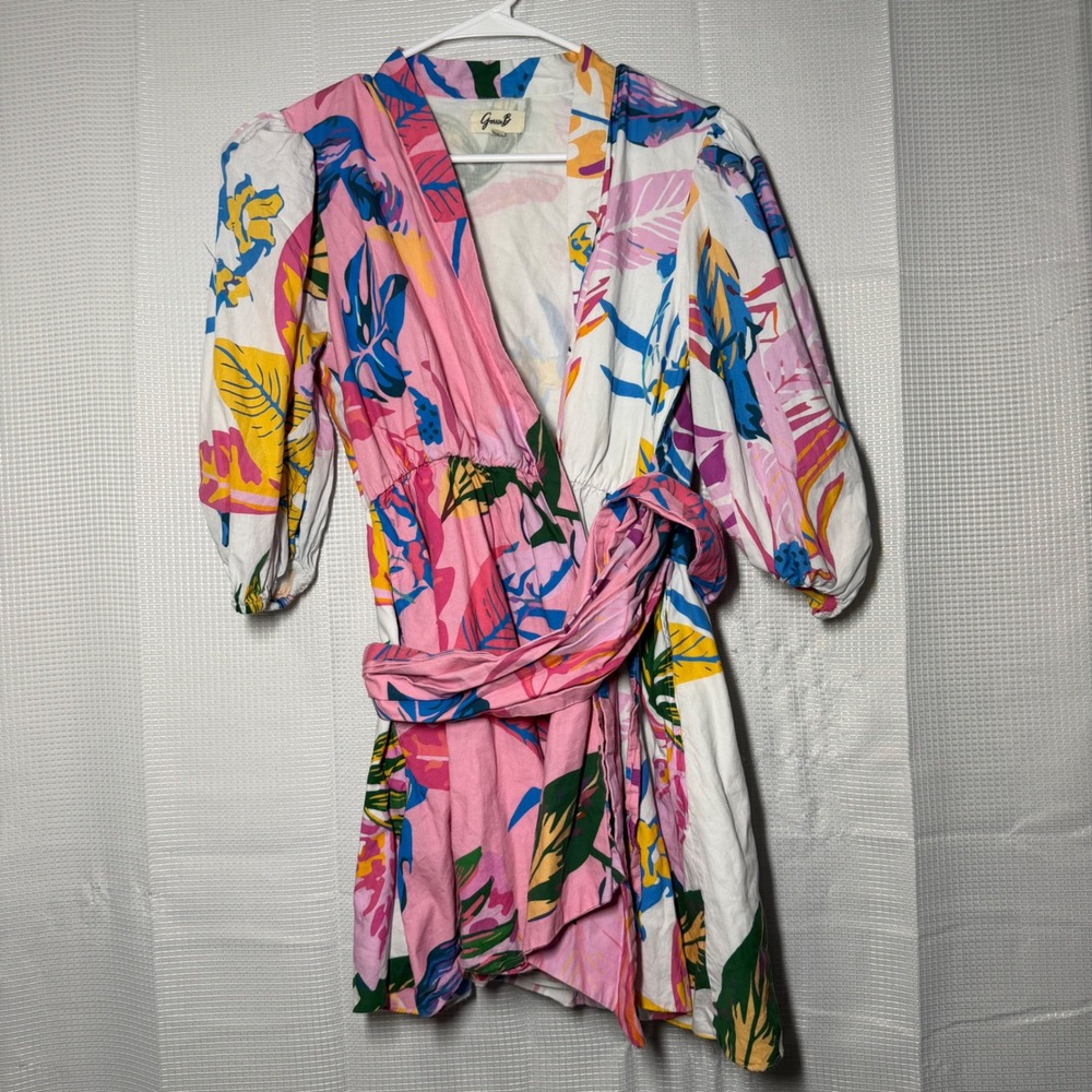 Garrie B Wrap Mini Dress Medium Multicolor Tropical Floral‎ Cotton Tie Waist